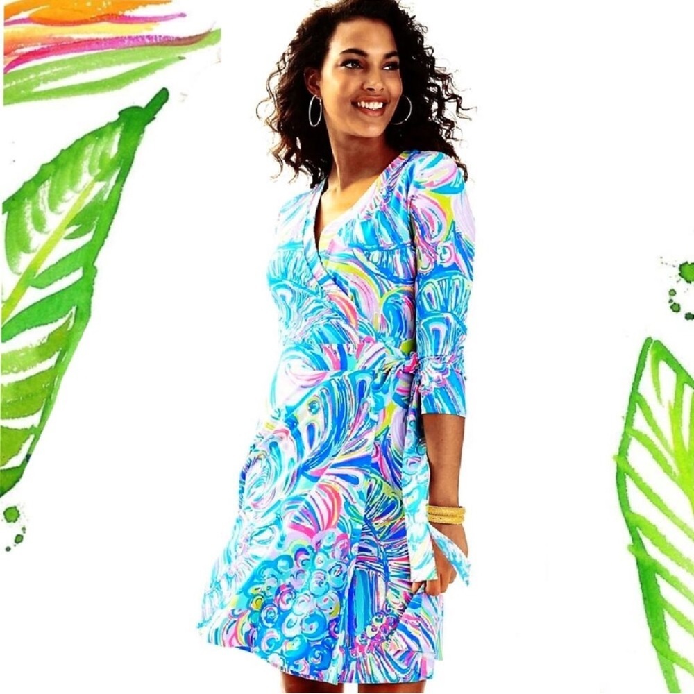 Lilly Pulitzer EMILIA WRAP DRESS in print Multi Gillty Pleasure Large EUC